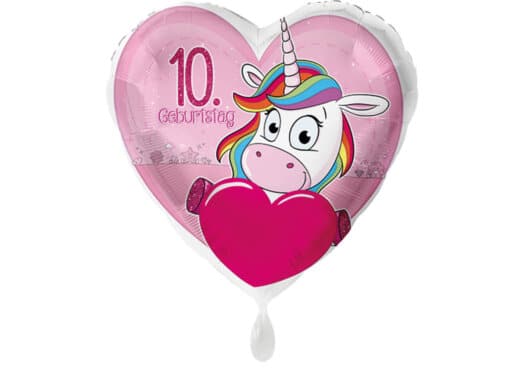 Einhorn-Luftballon mit Herz und Zahl 10 pink (38 cm)
