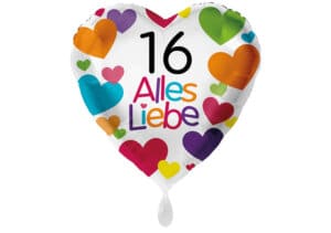 Herzluftballon mit kleinen Herzen Alles Liebe Zahl 16 weiß (38 cm)