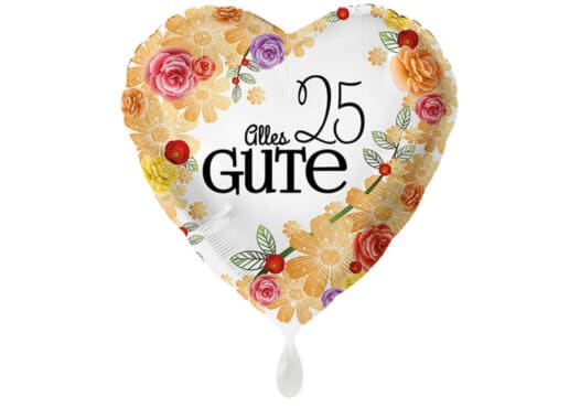 Herzluftballon mit Rosen Alles Gute Zahl 25 weiß (38 cm)