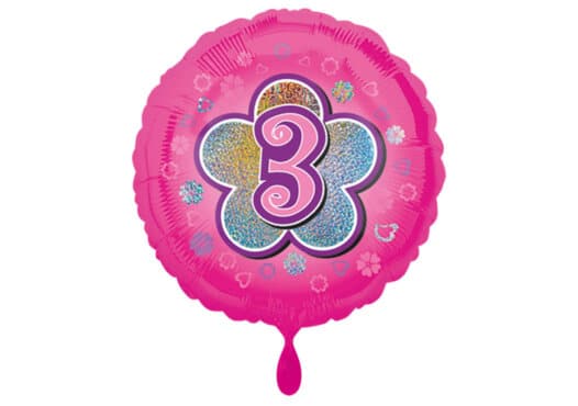 Runder Luftballon mit Blume und Zahl 3 pink (38 cm)
