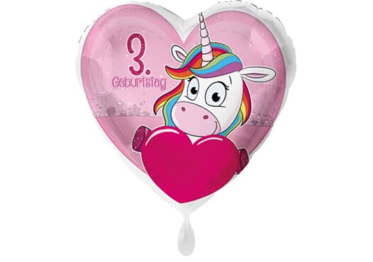 Einhorn-Luftballon mit Herz und Zahl 3 pink (38 cm)