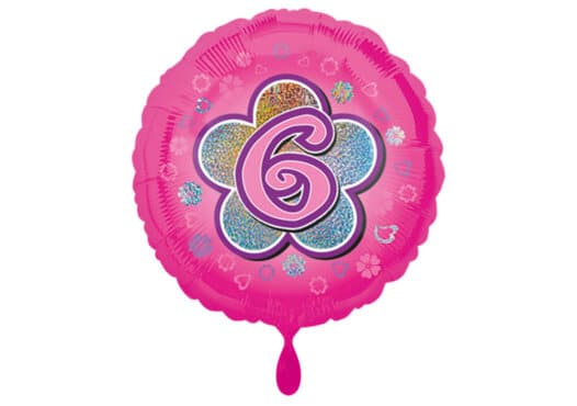 Runder Luftballon mit Blume und Zahl 6 pink (38 cm)