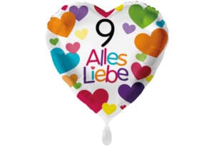 Herzluftballon mit kleinen Herzen Alles Liebe Zahl 9 weiß (38 cm)