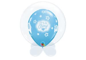 Bubble-Luftballon klar ohne Druck mit Innenballon in blau "It's a boy" und Unterballons in weiß