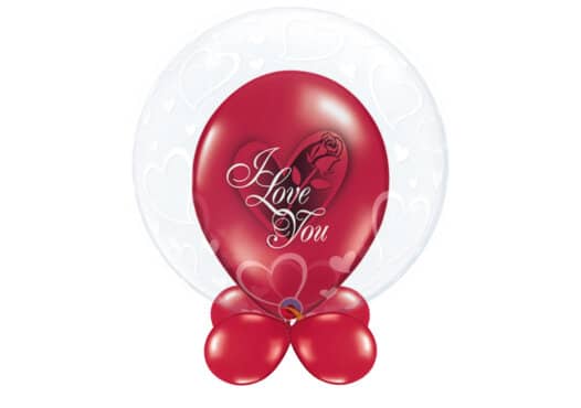 Bubble-Luftballon Herzen mit Innenballon in rot "I love you" und Unterballons in rot