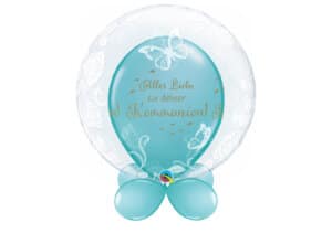 Bubble-Luftballon mit Schmetterlingen und Rosen mit Innenballon in blau Alles Liebe zu Deiner Kommunion und Unterballons in blau